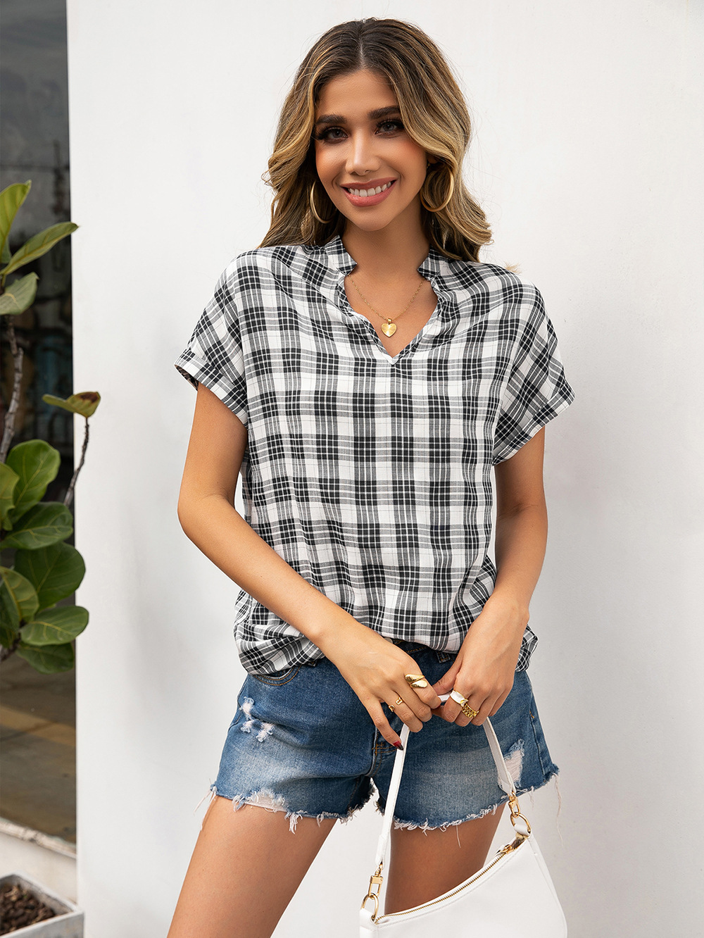 Title 15, Loose V-neck Dovetail Plaid Shirt Top Women