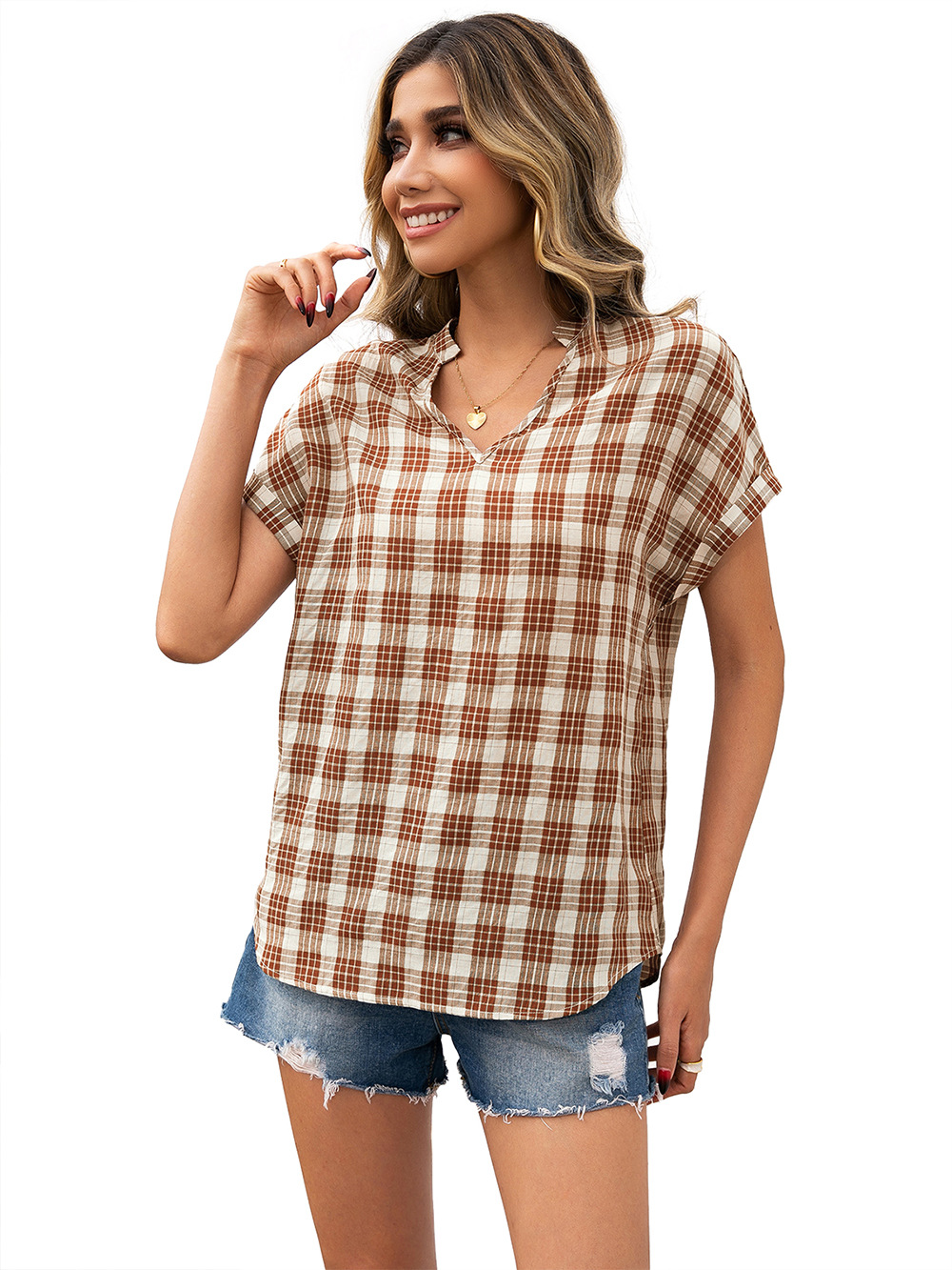 Title 17, Loose V-neck Dovetail Plaid Shirt Top Women