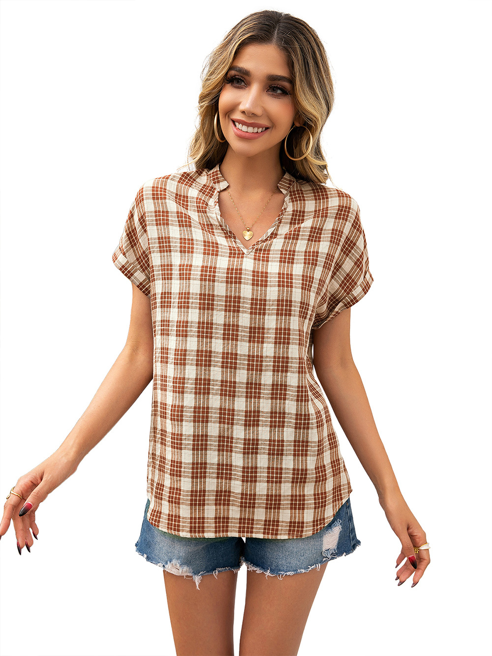 Title 19, Loose V-neck Dovetail Plaid Shirt Top Women