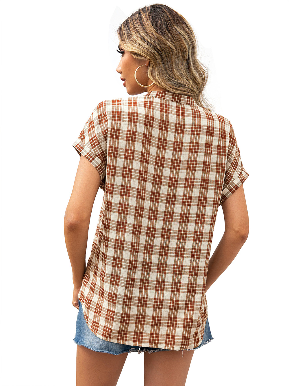 Title 20, Loose V-neck Dovetail Plaid Shirt Top Women