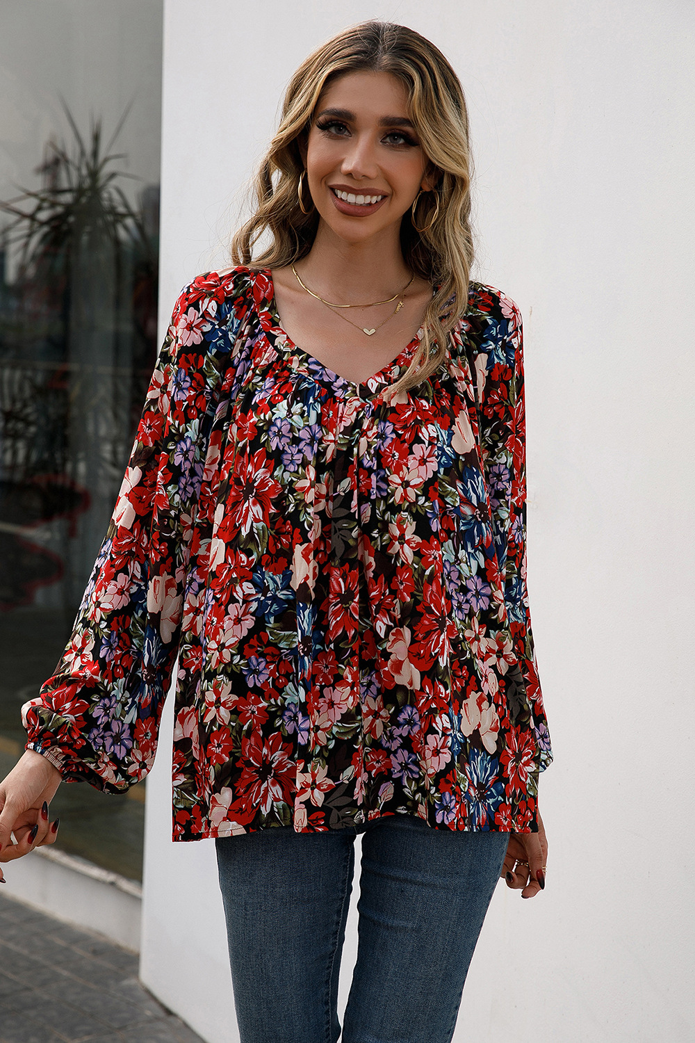 Title 2, Loose Casual Small Floral Long Sleeve V-Neck Shirt