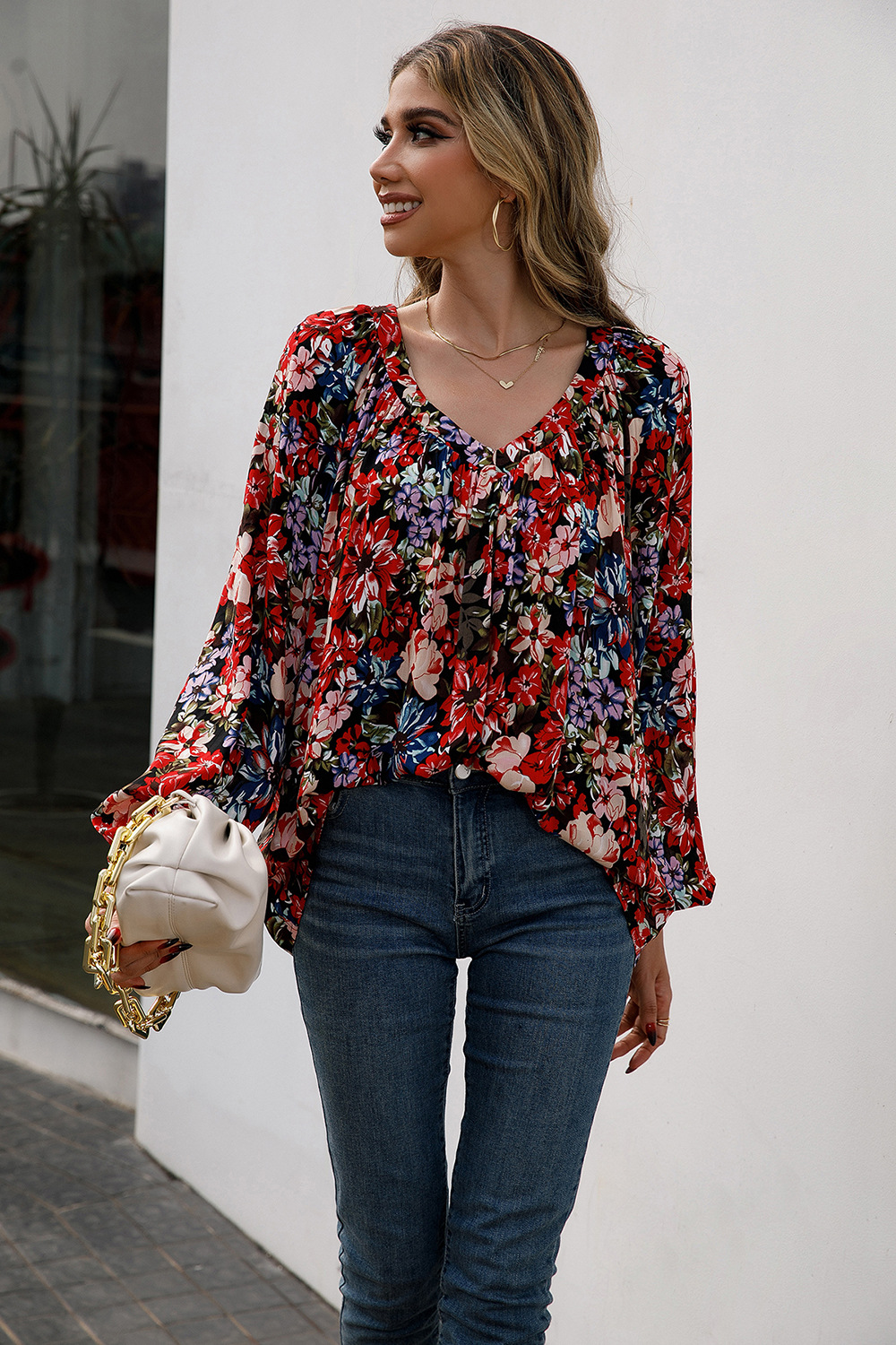 Title 4, Loose Casual Small Floral Long Sleeve V-Neck Shirt