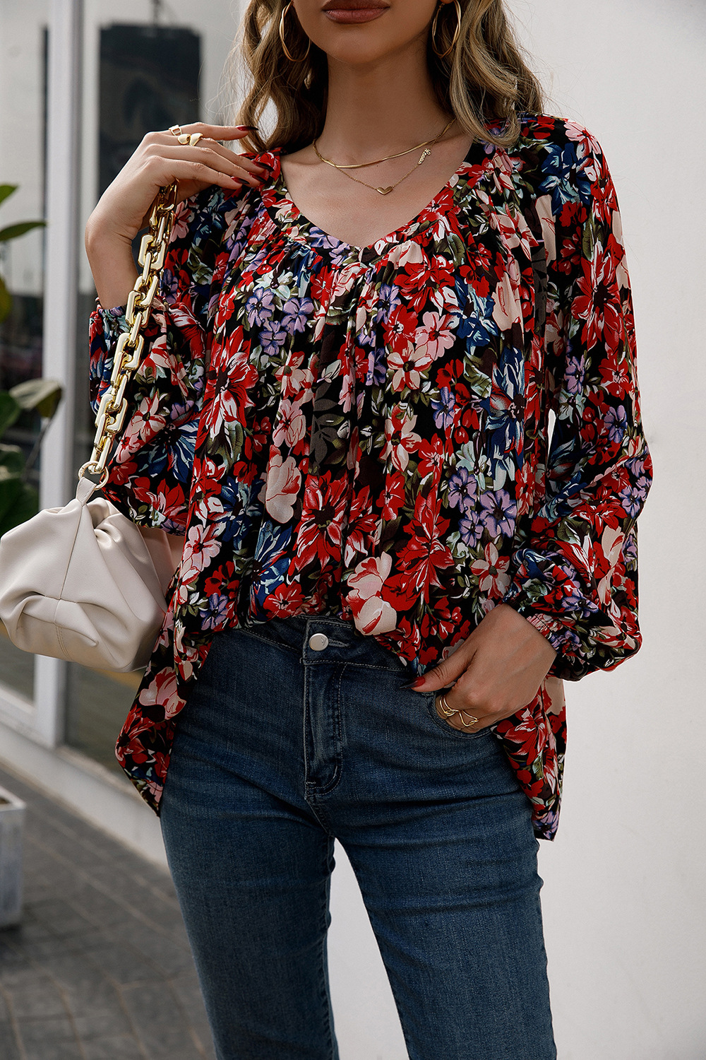 Title 5, Loose Casual Small Floral Long Sleeve V-Neck Shirt