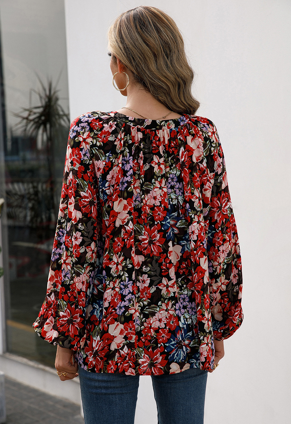 Title 6, Loose Casual Small Floral Long Sleeve V-Neck Shirt