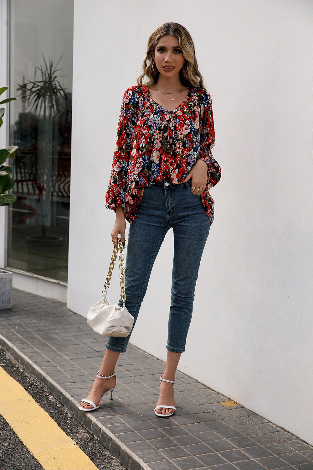 Title 7, Loose Casual Small Floral Long Sleeve V-Neck Shirt