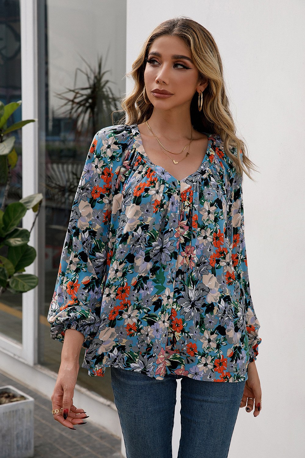 Title 8, Loose Casual Small Floral Long Sleeve V-Neck Shirt