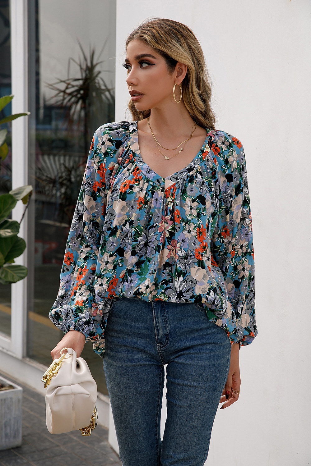 Title 9, Loose Casual Small Floral Long Sleeve V-Neck Shirt