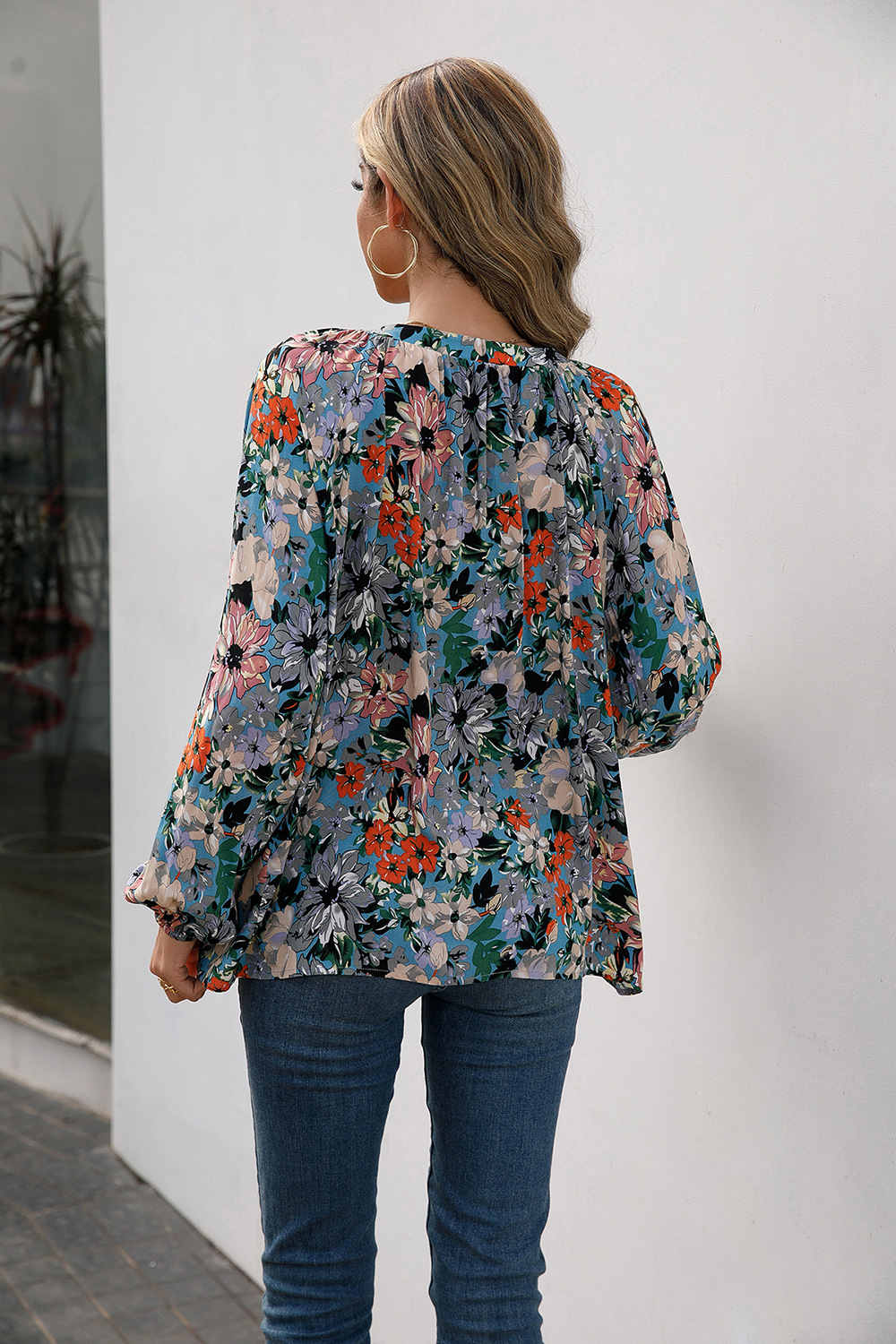 Title 11, Loose Casual Small Floral Long Sleeve V-Neck Shirt