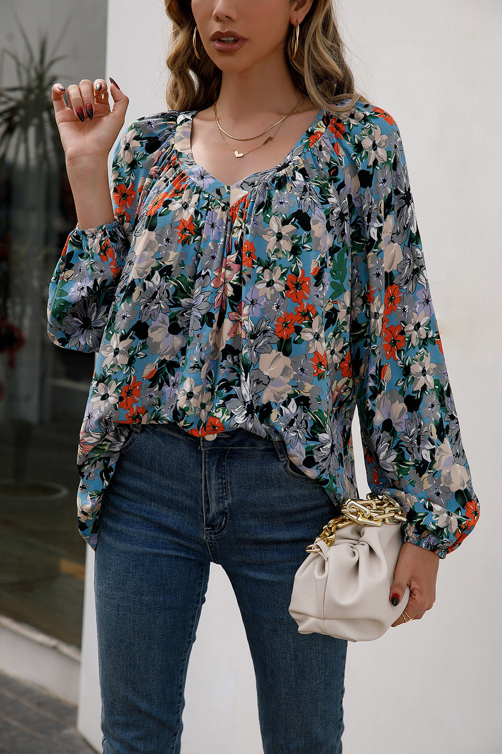 Title 12, Loose Casual Small Floral Long Sleeve V-Neck Shirt