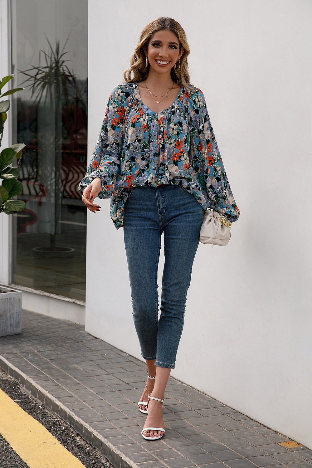 Title 13, Loose Casual Small Floral Long Sleeve V-Neck Shirt