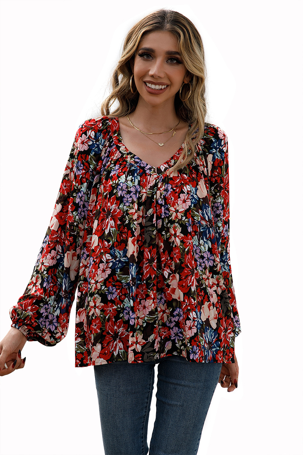 Title 14, Loose Casual Small Floral Long Sleeve V-Neck Shirt