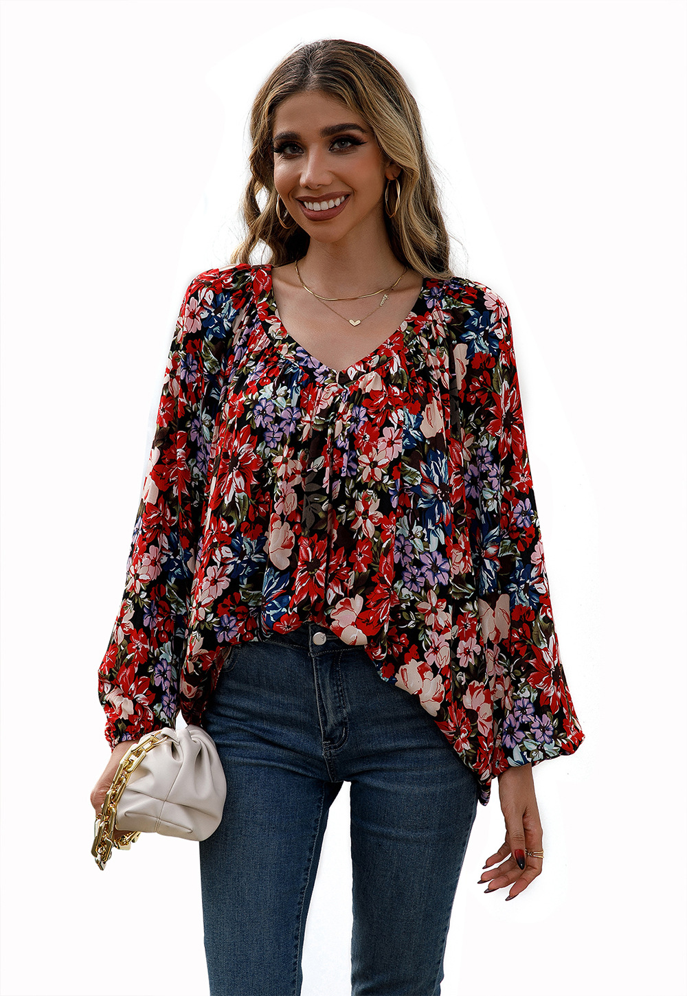 Title 15, Loose Casual Small Floral Long Sleeve V-Neck Shirt