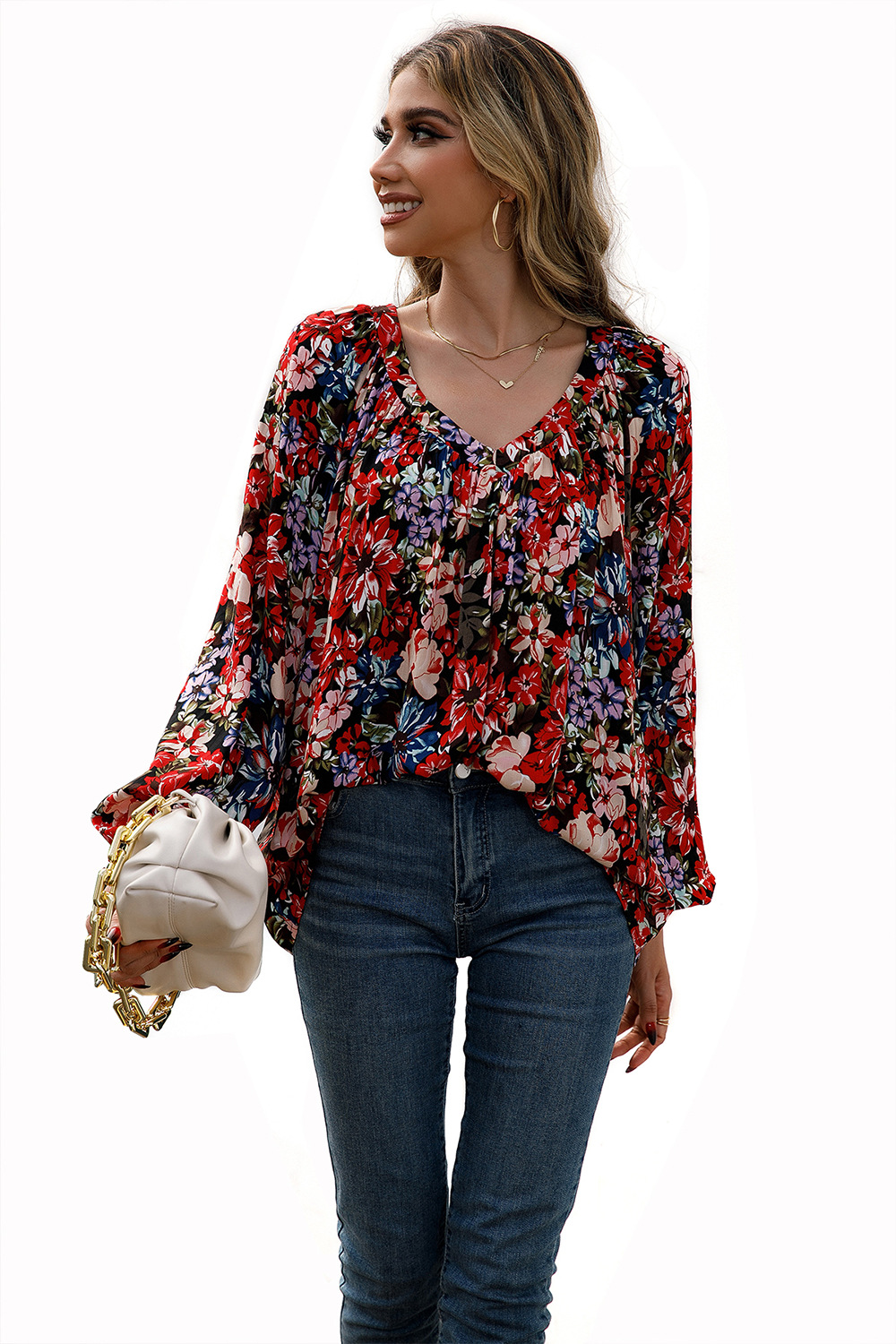 Title 16, Loose Casual Small Floral Long Sleeve V-Neck Shirt