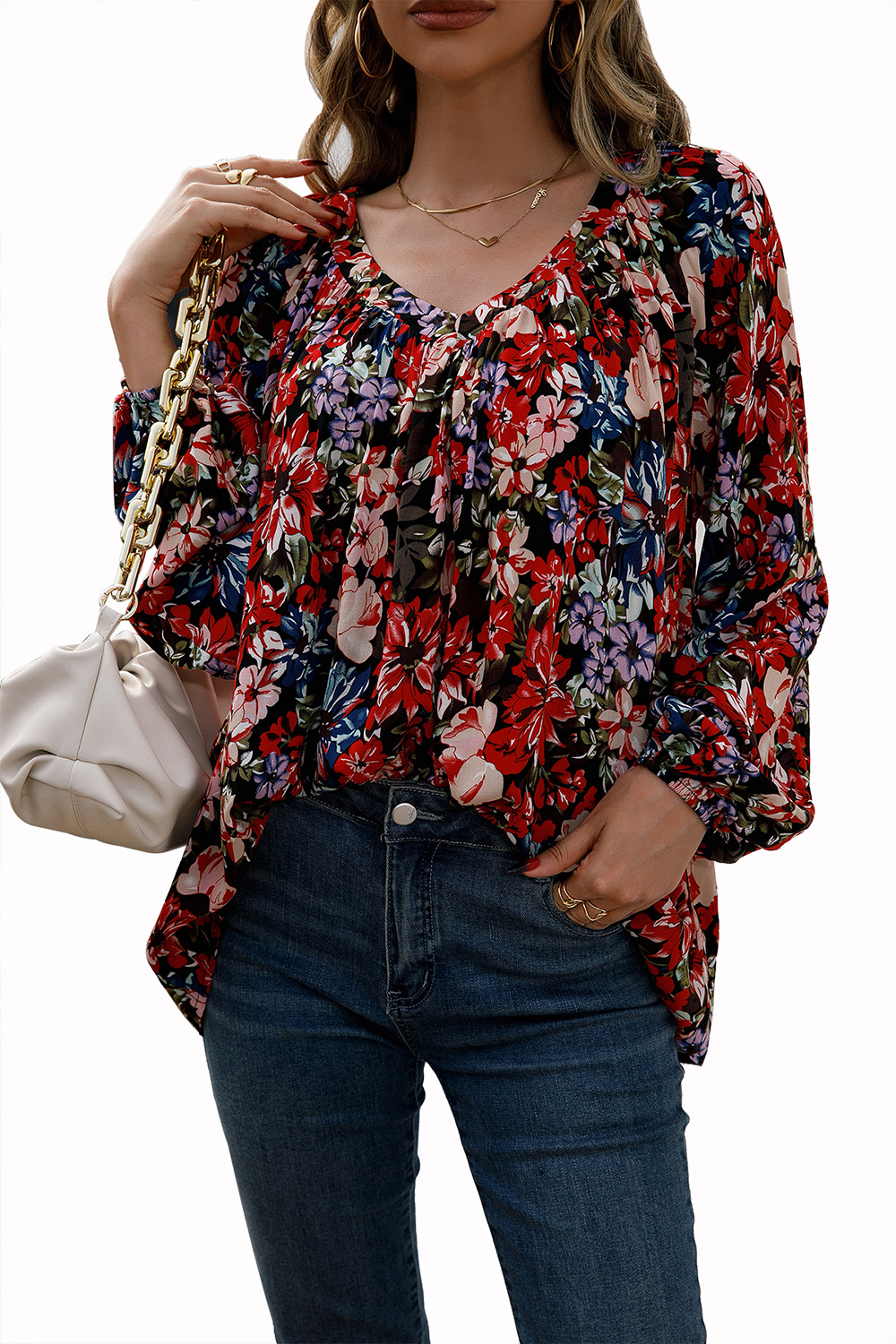 Title 17, Loose Casual Small Floral Long Sleeve V-Neck Shirt