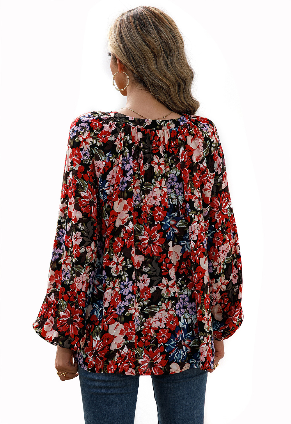 Title 18, Loose Casual Small Floral Long Sleeve V-Neck Shirt