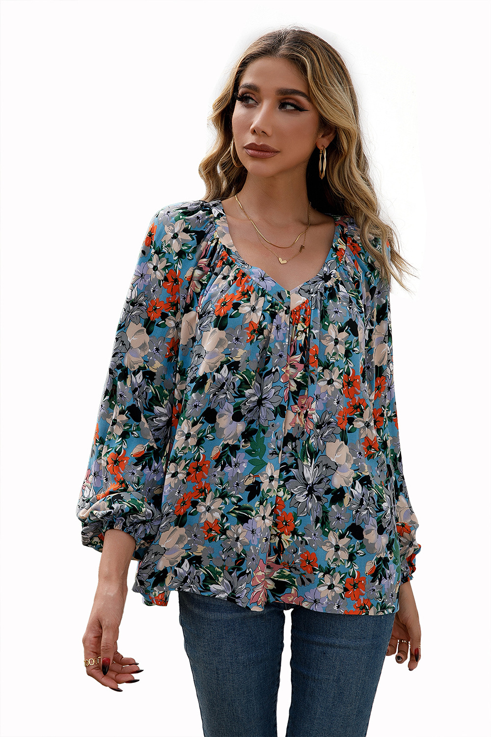 Title 19, Loose Casual Small Floral Long Sleeve V-Neck Shirt