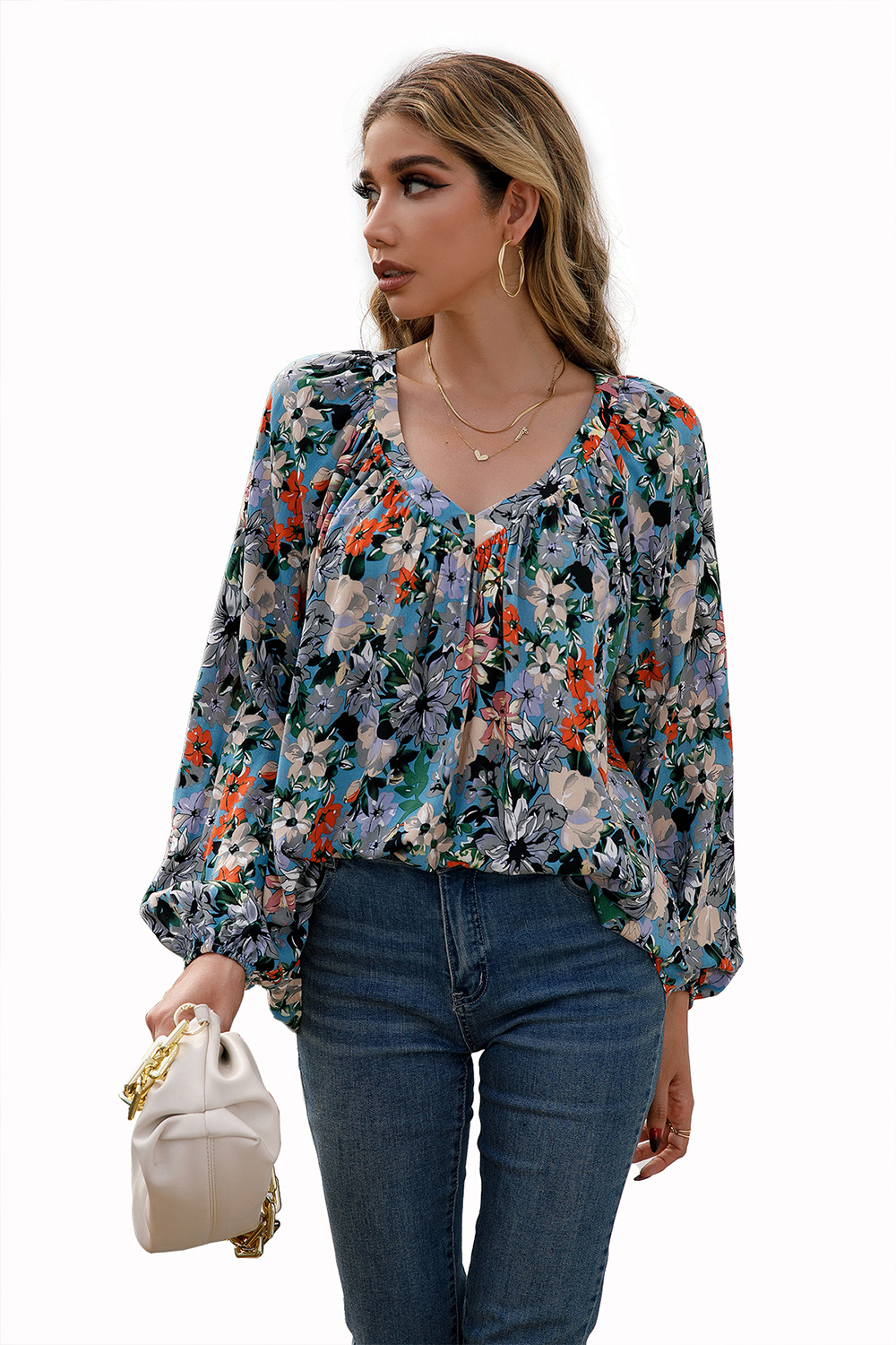 Title 20, Loose Casual Small Floral Long Sleeve V-Neck Shirt