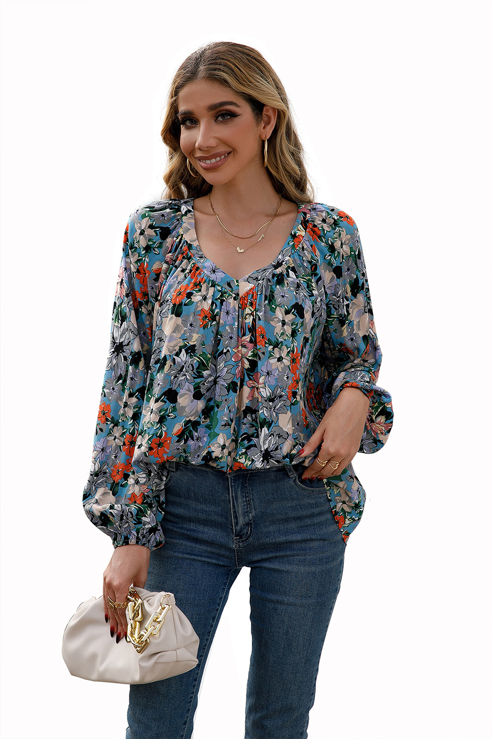 Title 21, Loose Casual Small Floral Long Sleeve V-Neck Shirt