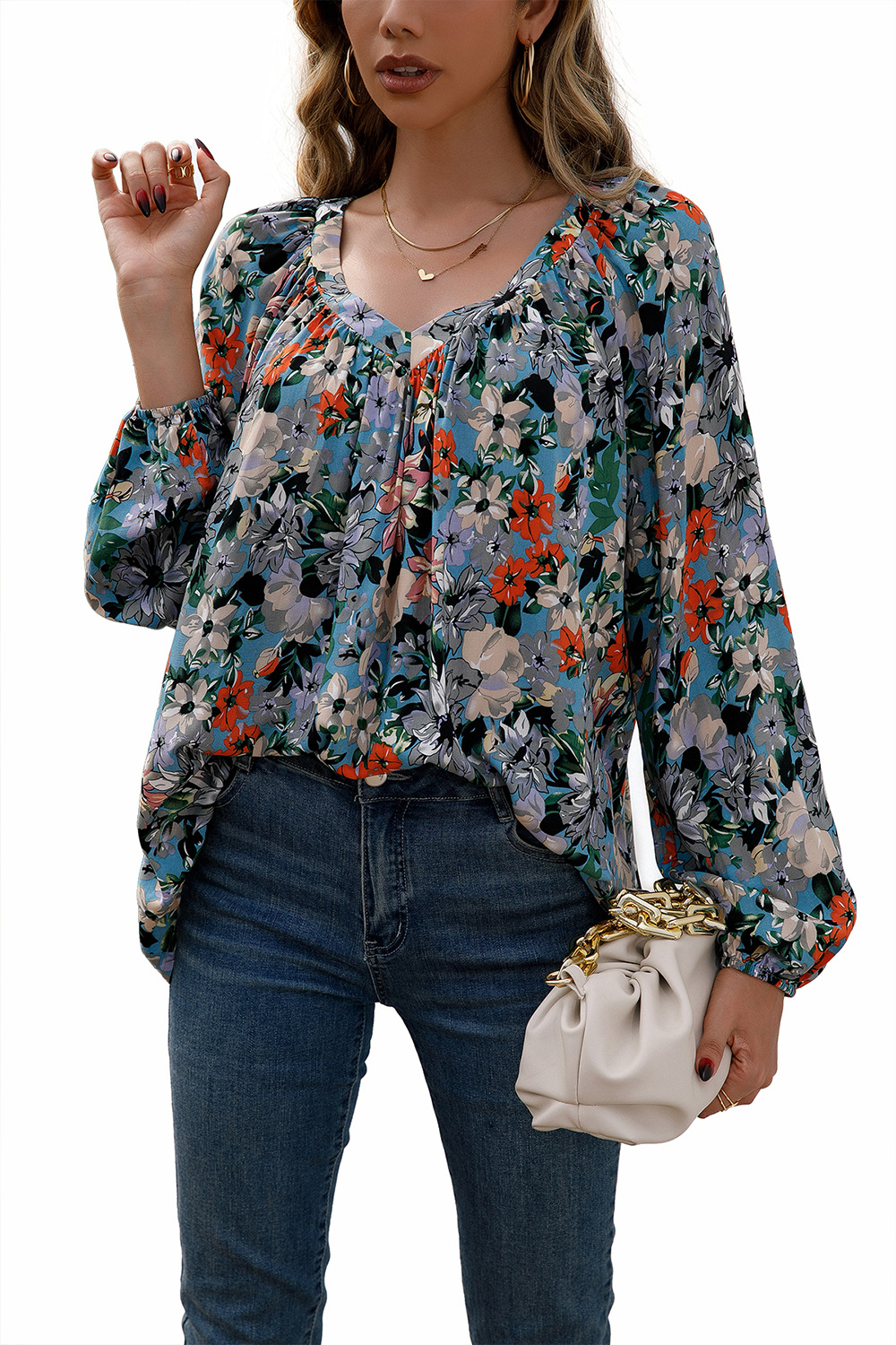 Title 22, Loose Casual Small Floral Long Sleeve V-Neck Shirt