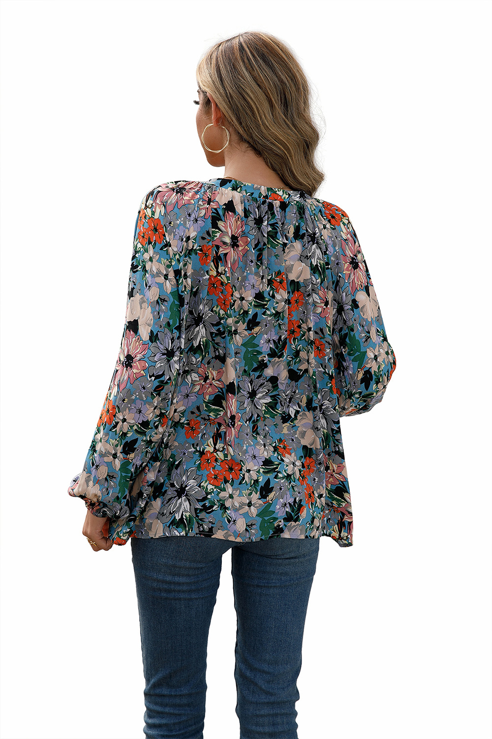 Title 23, Loose Casual Small Floral Long Sleeve V-Neck Shirt