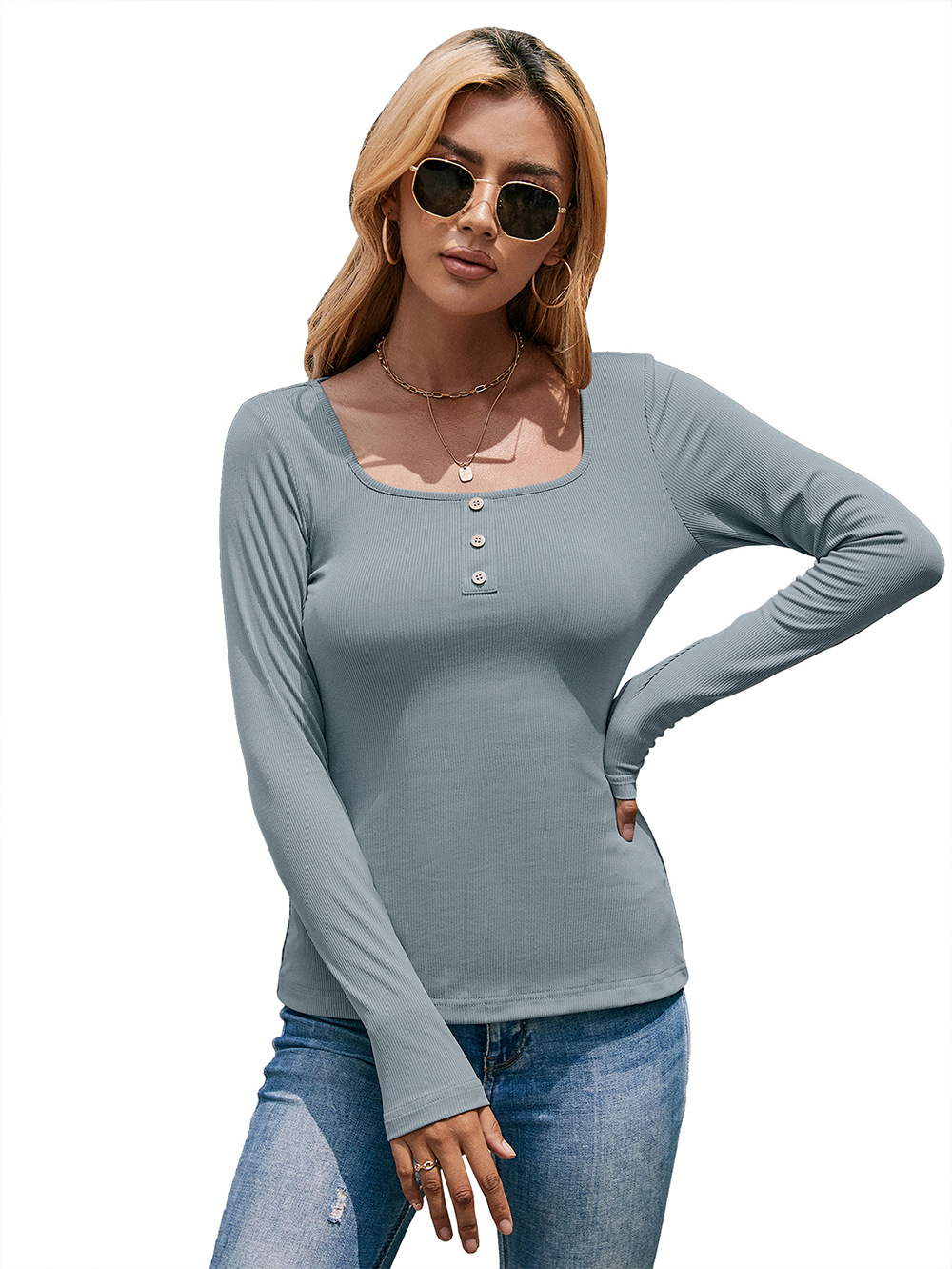 Title 20, Square Neck Solid Color Ken Stripe Long Sleeve ...