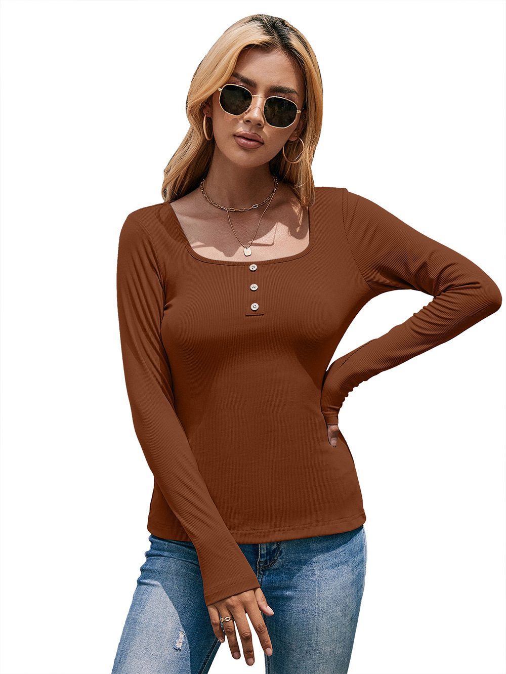 Title 30, Square Neck Solid Color Ken Stripe Long Sleeve ...