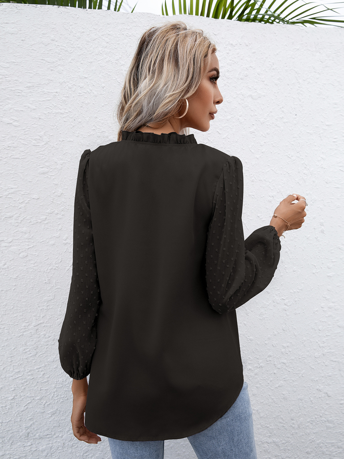 Title 8, Puff Sleeve Ladies V Neck Long Sleeve Shirt