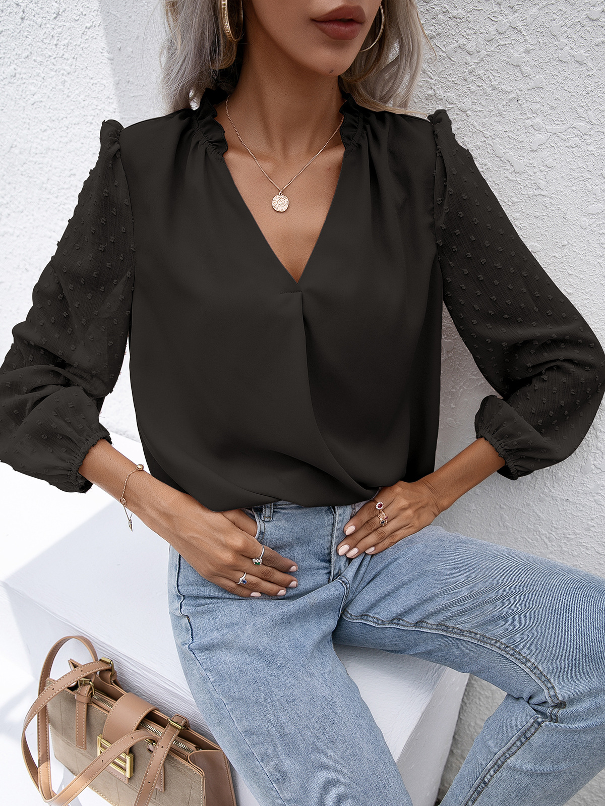 Title 10, Puff Sleeve Ladies V Neck Long Sleeve Shirt