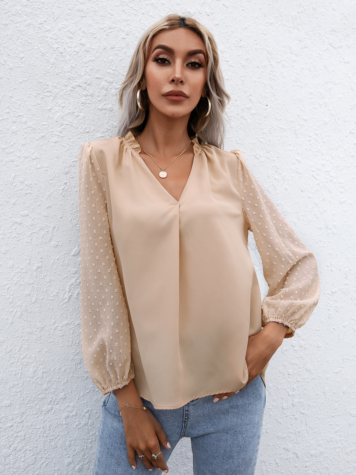 Title 12, Puff Sleeve Ladies V Neck Long Sleeve Shirt