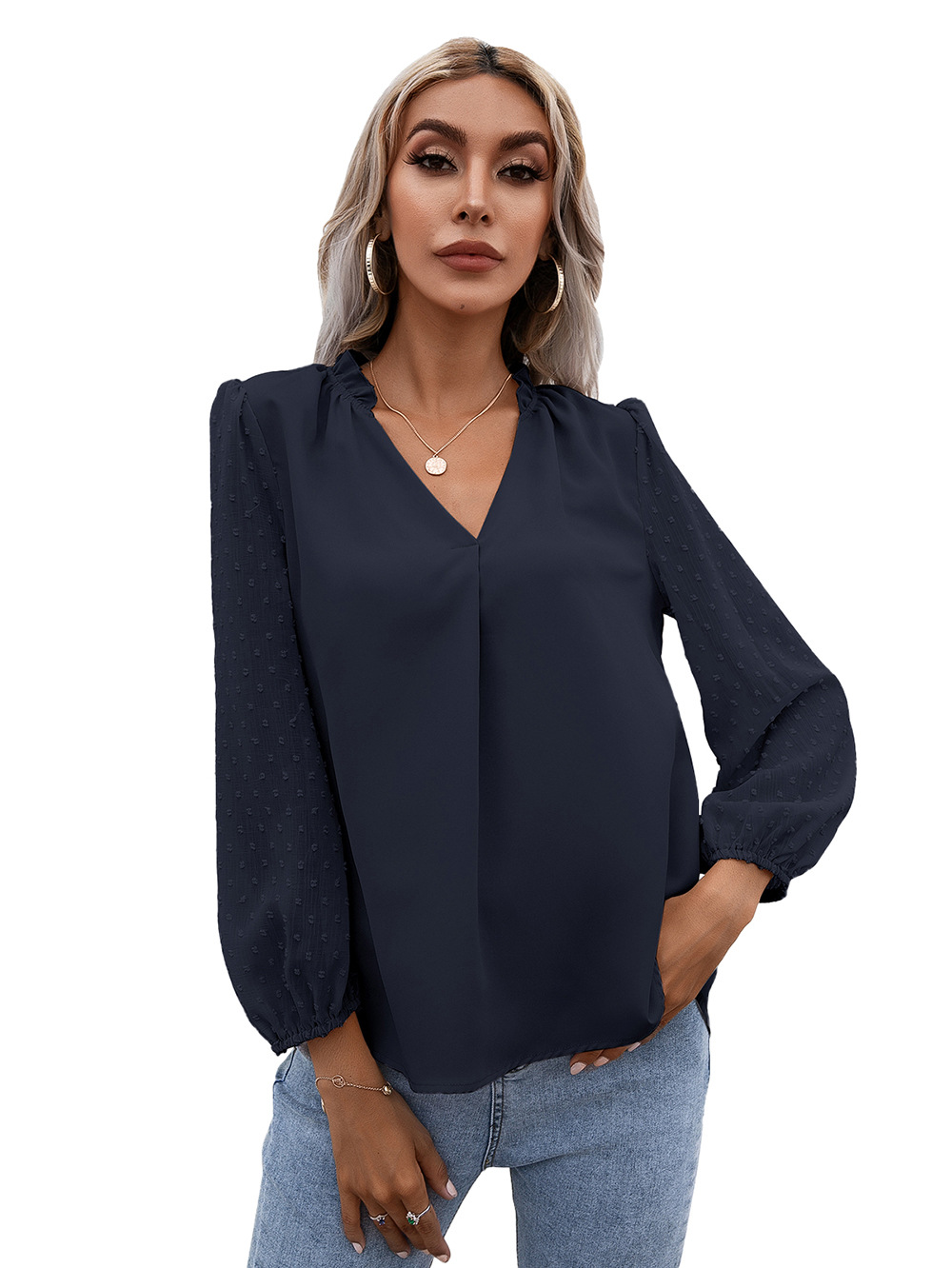 Title 18, Puff Sleeve Ladies V Neck Long Sleeve Shirt