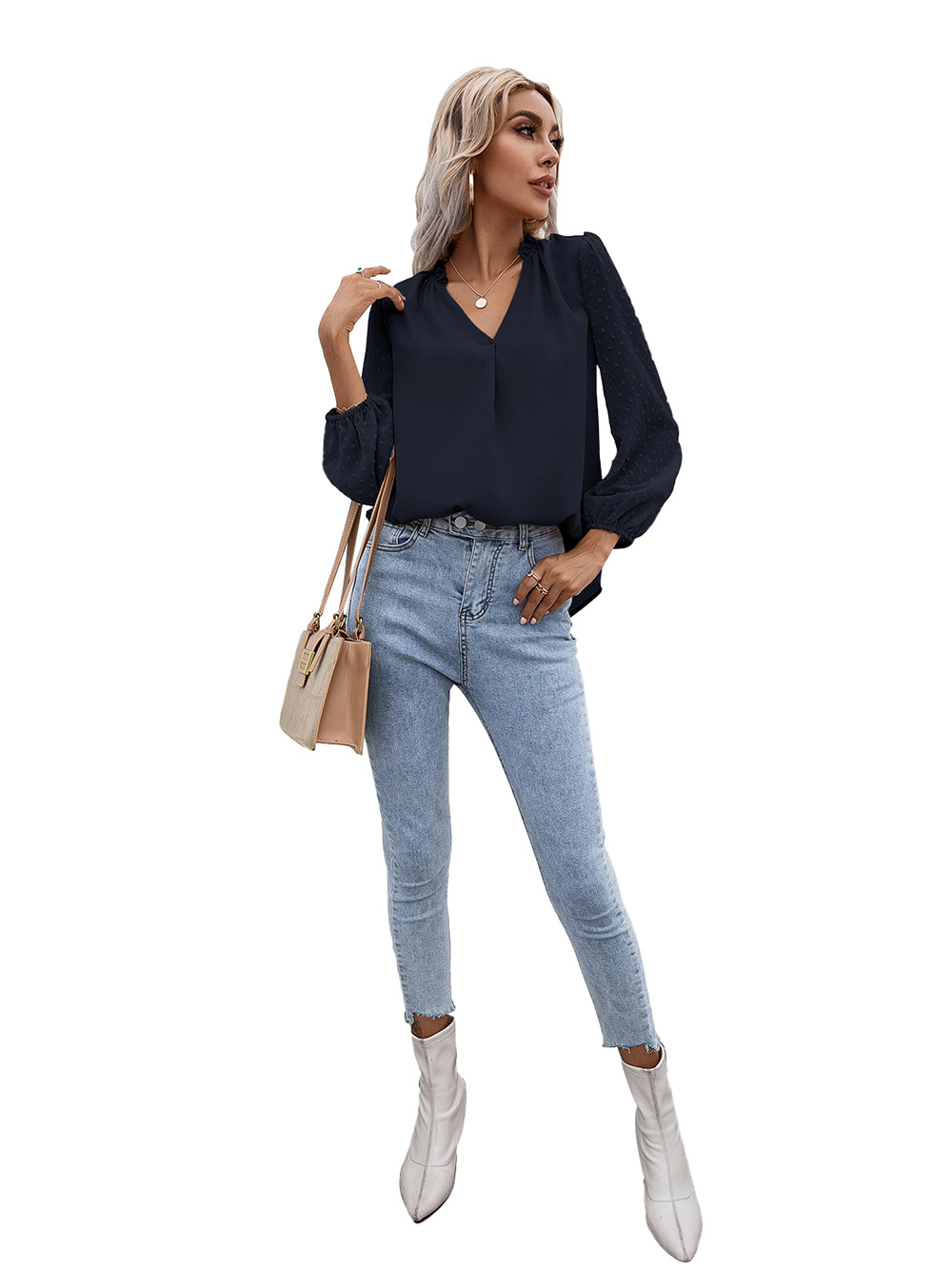 Title 19, Puff Sleeve Ladies V Neck Long Sleeve Shirt