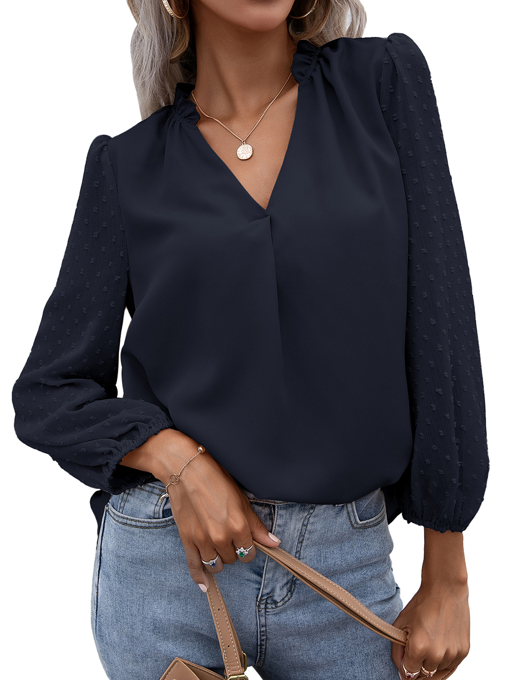 Title 20, Puff Sleeve Ladies V Neck Long Sleeve Shirt