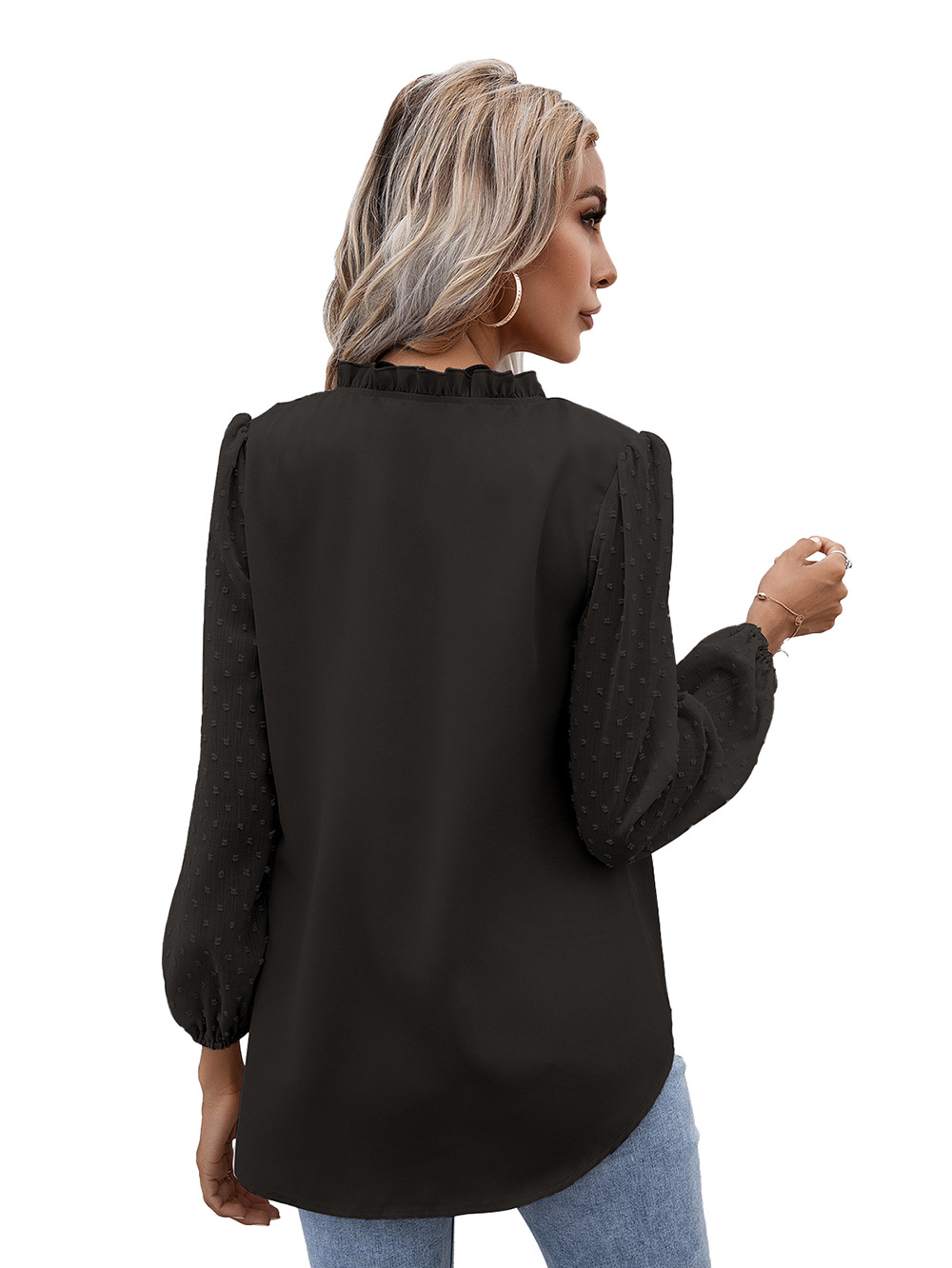 Title 21, Puff Sleeve Ladies V Neck Long Sleeve Shirt