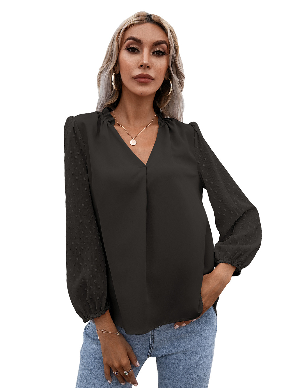 Title 22, Puff Sleeve Ladies V Neck Long Sleeve Shirt