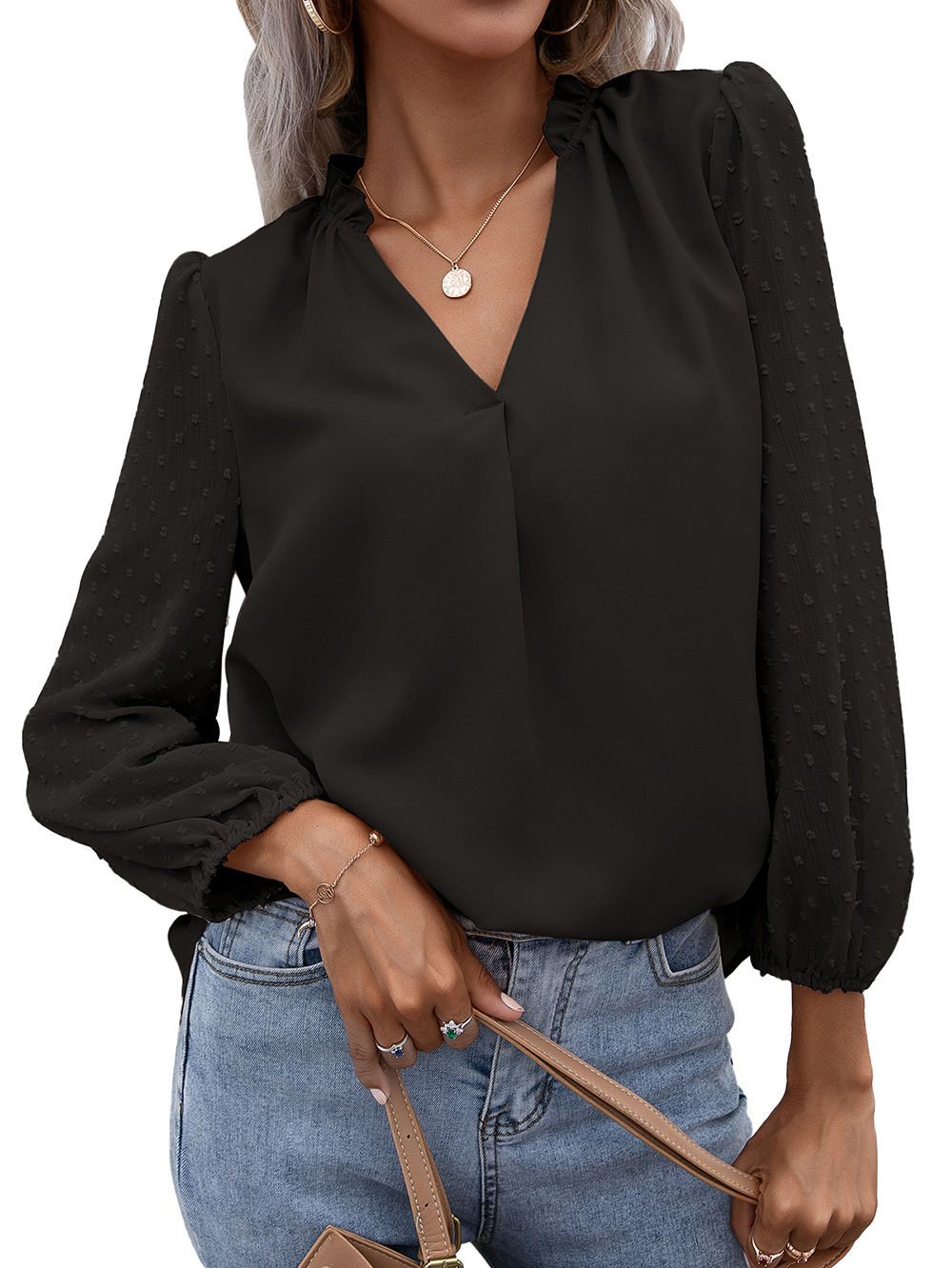 Title 24, Puff Sleeve Ladies V Neck Long Sleeve Shirt