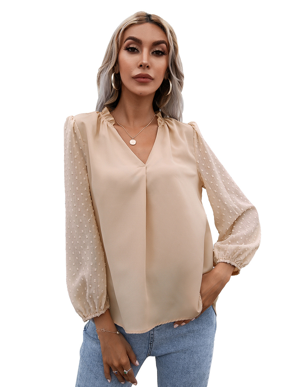 Title 26, Puff Sleeve Ladies V Neck Long Sleeve Shirt