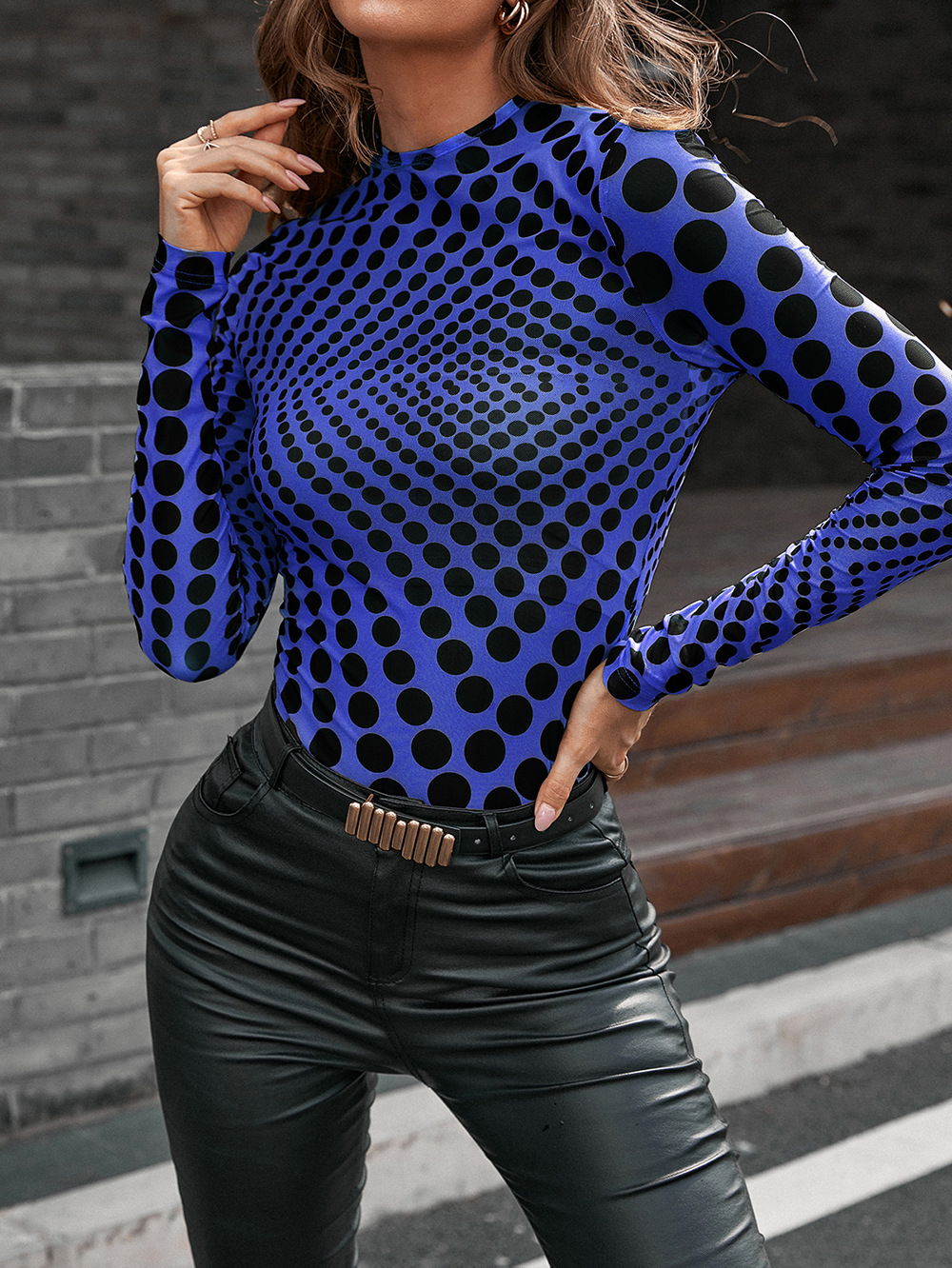 Title 5, Slim Polka Dot Print Mid Neck See Through Long ...