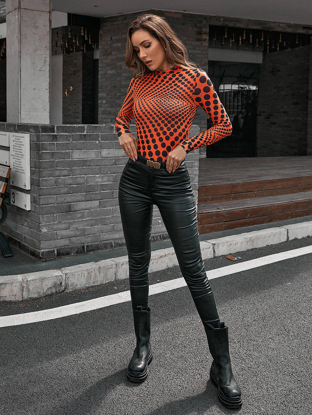 Title 9, Slim Polka Dot Print Mid Neck See Through Long ...