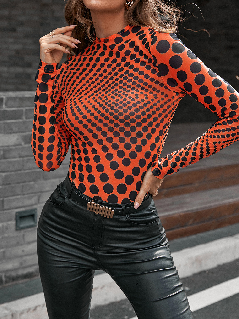 Title 10, Slim Polka Dot Print Mid Neck See Through Long ...