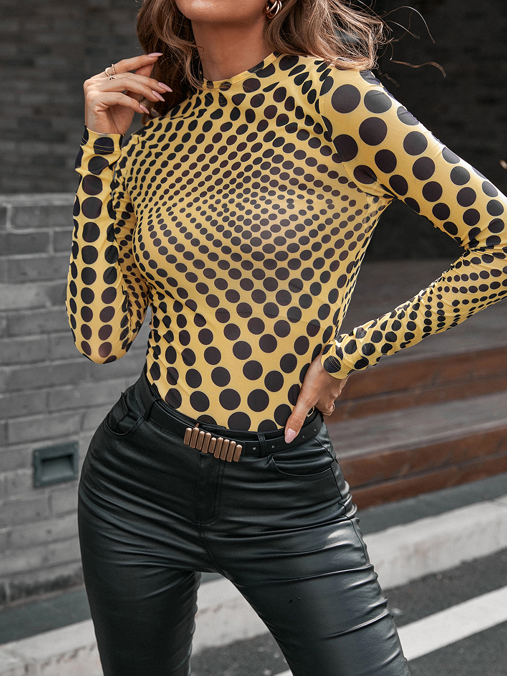 Title 15, Slim Polka Dot Print Mid Neck See Through Long ...