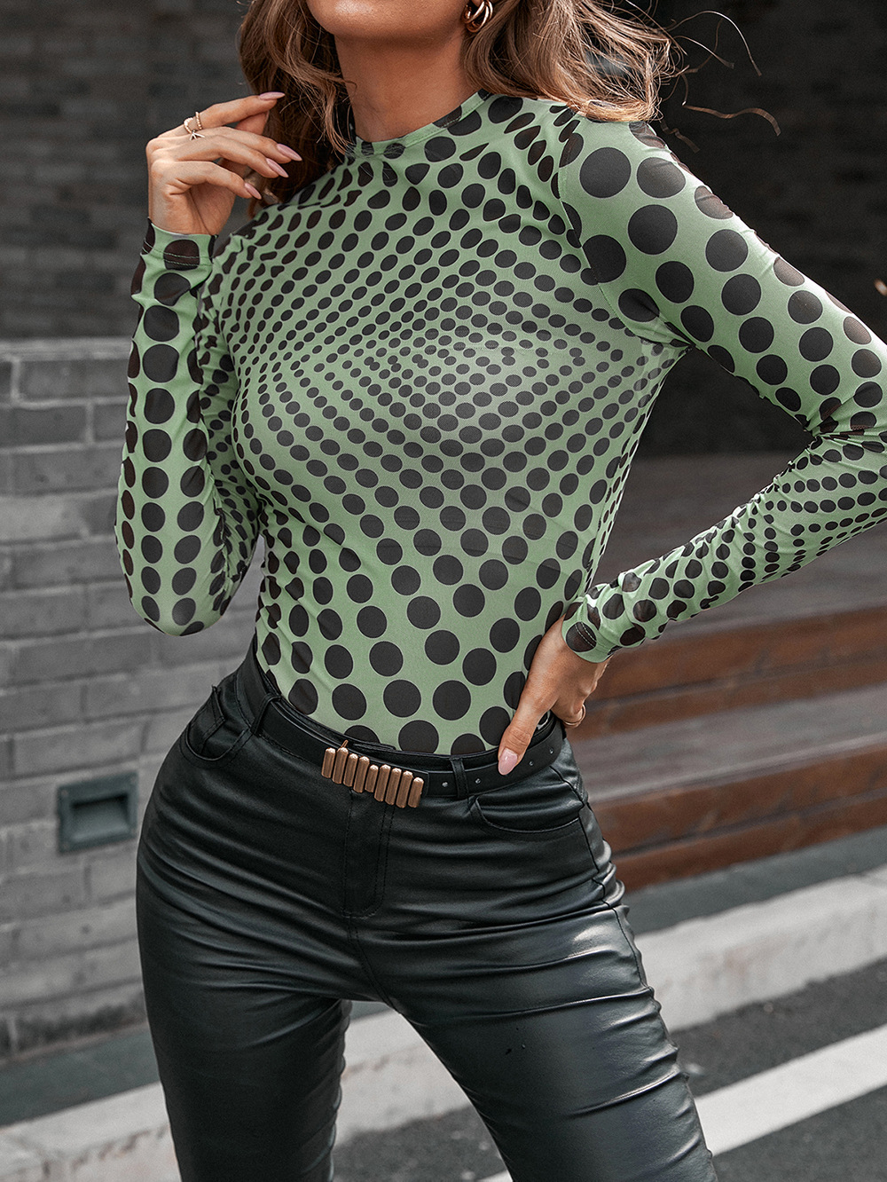 Title 20, Slim Polka Dot Print Mid Neck See Through Long ...