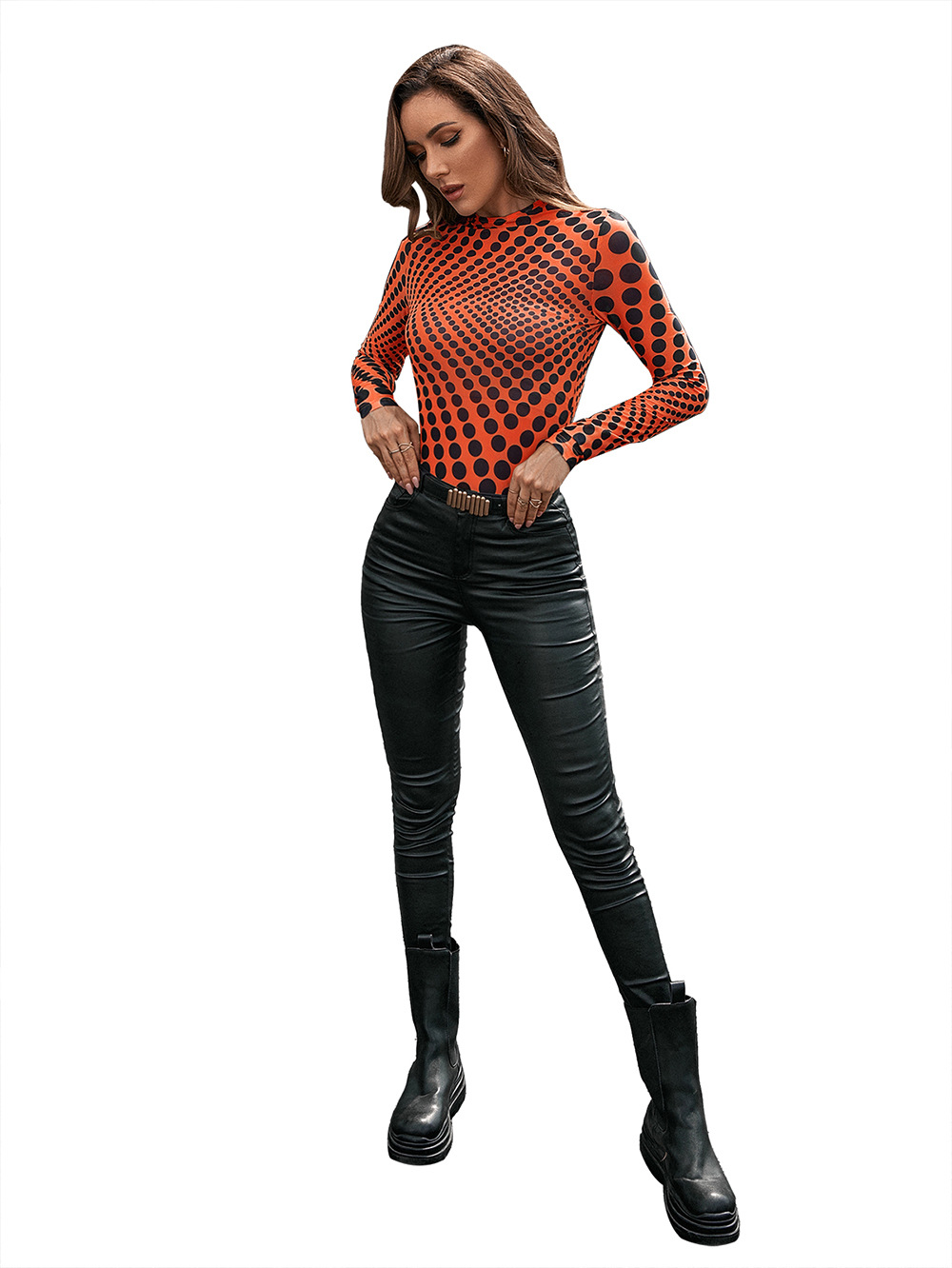 Title 29, Slim Polka Dot Print Mid Neck See Through Long ...