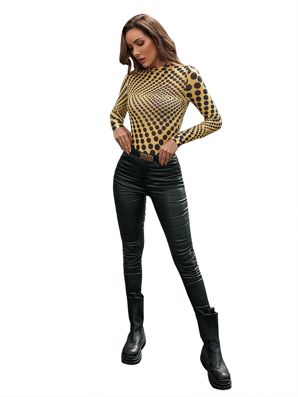 Title 34, Slim Polka Dot Print Mid Neck See Through Long ...