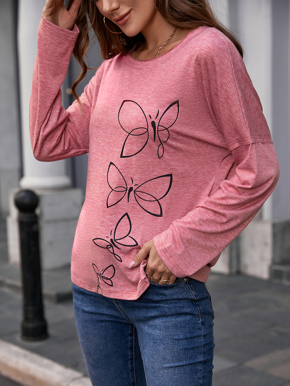 Title 6, Printed Round Neck Long Sleeve Pullover Loose C...