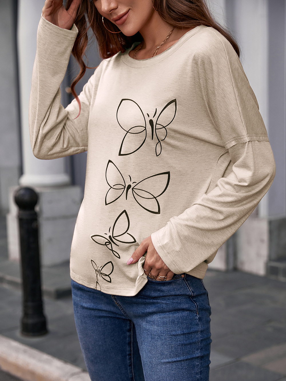 Title 16, Printed Round Neck Long Sleeve Pullover Loose C...