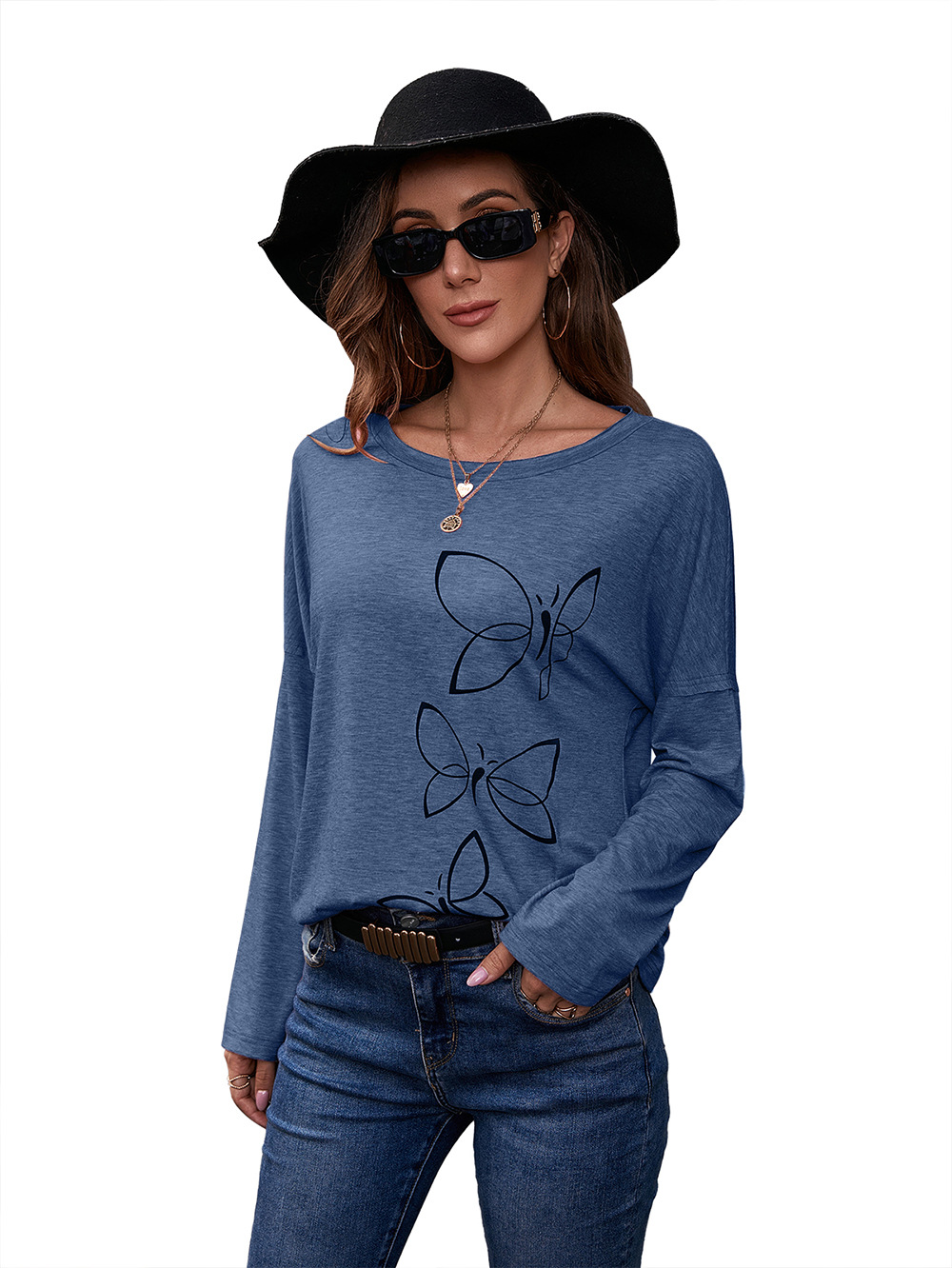 Title 22, Printed Round Neck Long Sleeve Pullover Loose C...