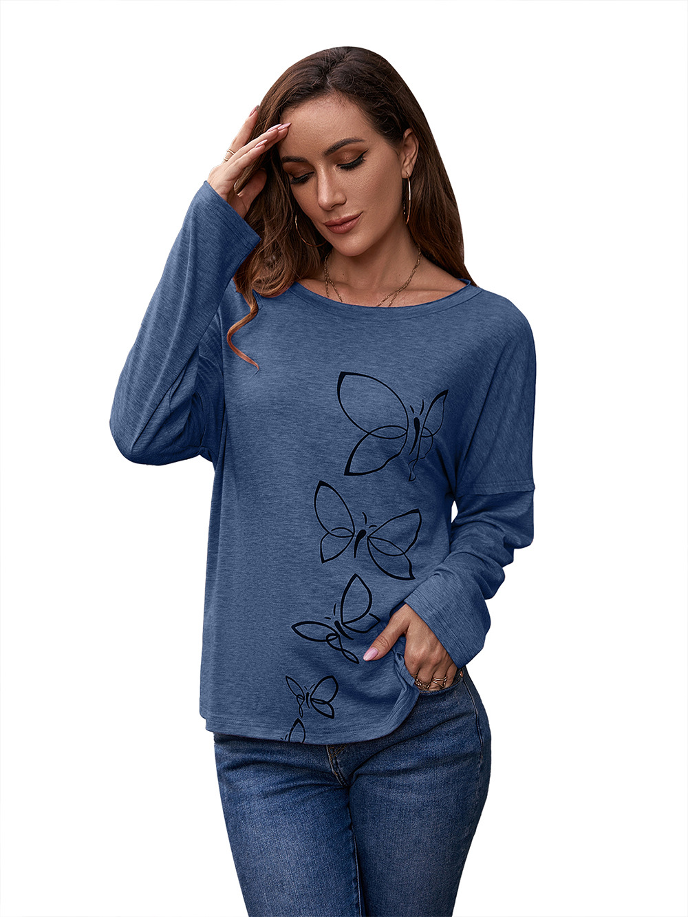 Title 25, Printed Round Neck Long Sleeve Pullover Loose C...