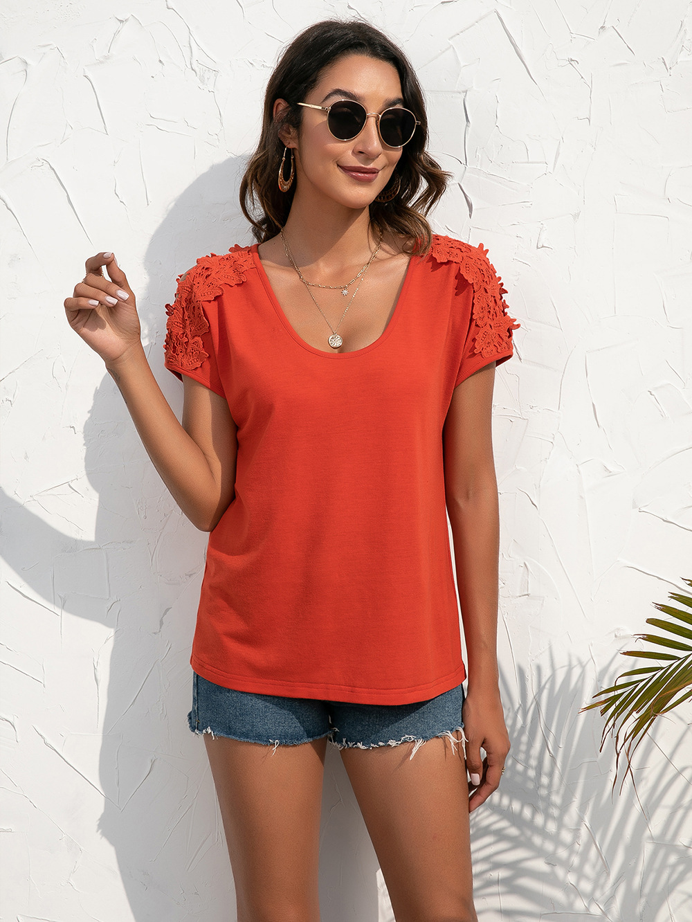 Title 4, Casual Lace Panel V-Neck Pullover Short Sleeve ...