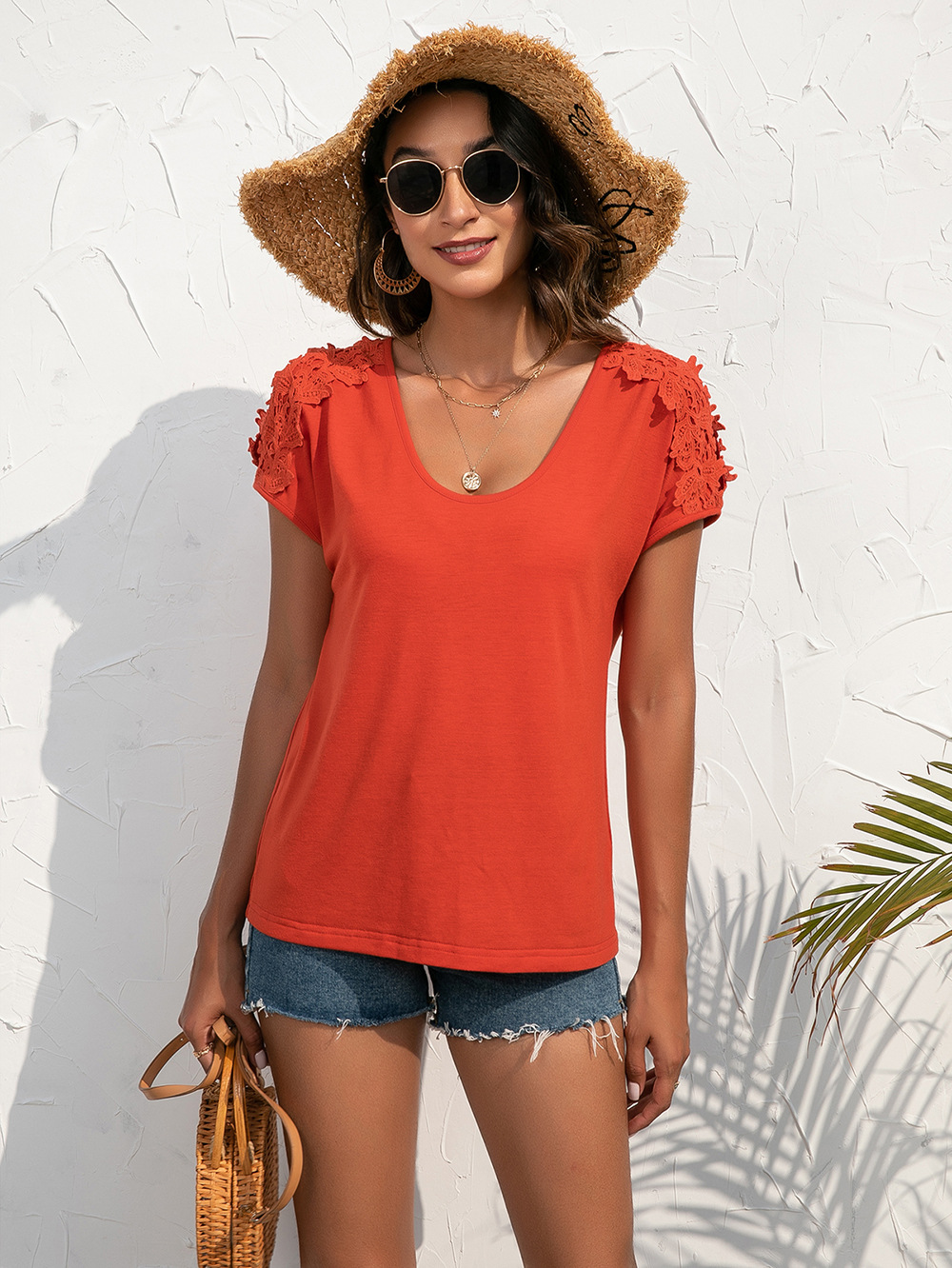 Title 6, Casual Lace Panel V-Neck Pullover Short Sleeve ...