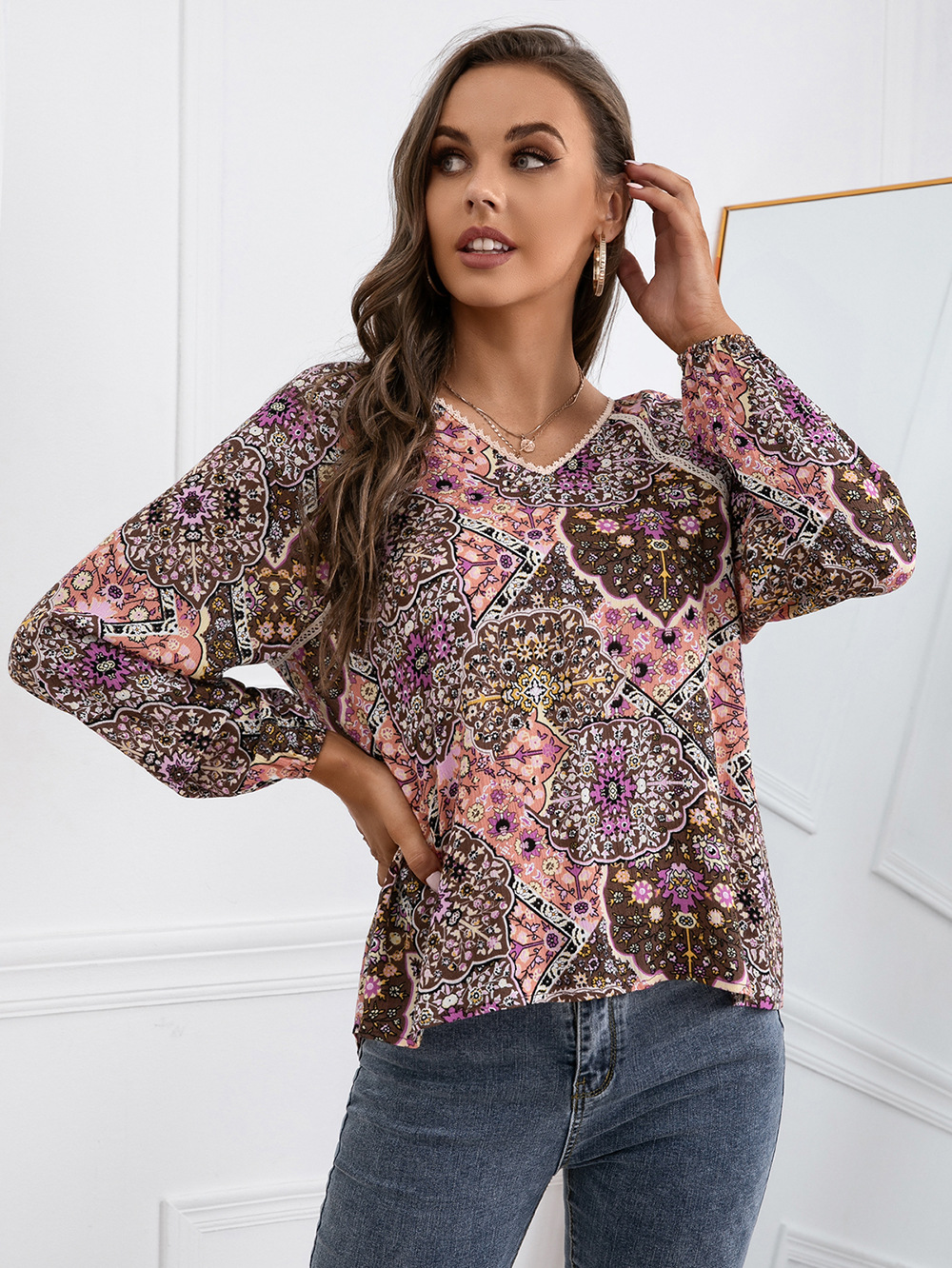 Title 3, Lace Patchwork Shirt Bohemian V-Neck Long Sleev...